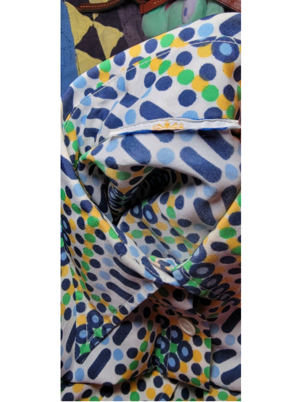 Vintage 70s Mod‎ Geometric Blouse XL Blue Green Yellow Psychedelic Shirt - Picture 4 of 5